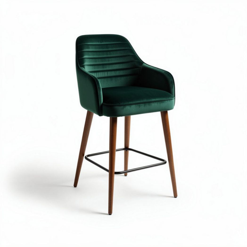 Chaise de bar en velours vert avec pieds en bois de 45 x 50 x 90cm