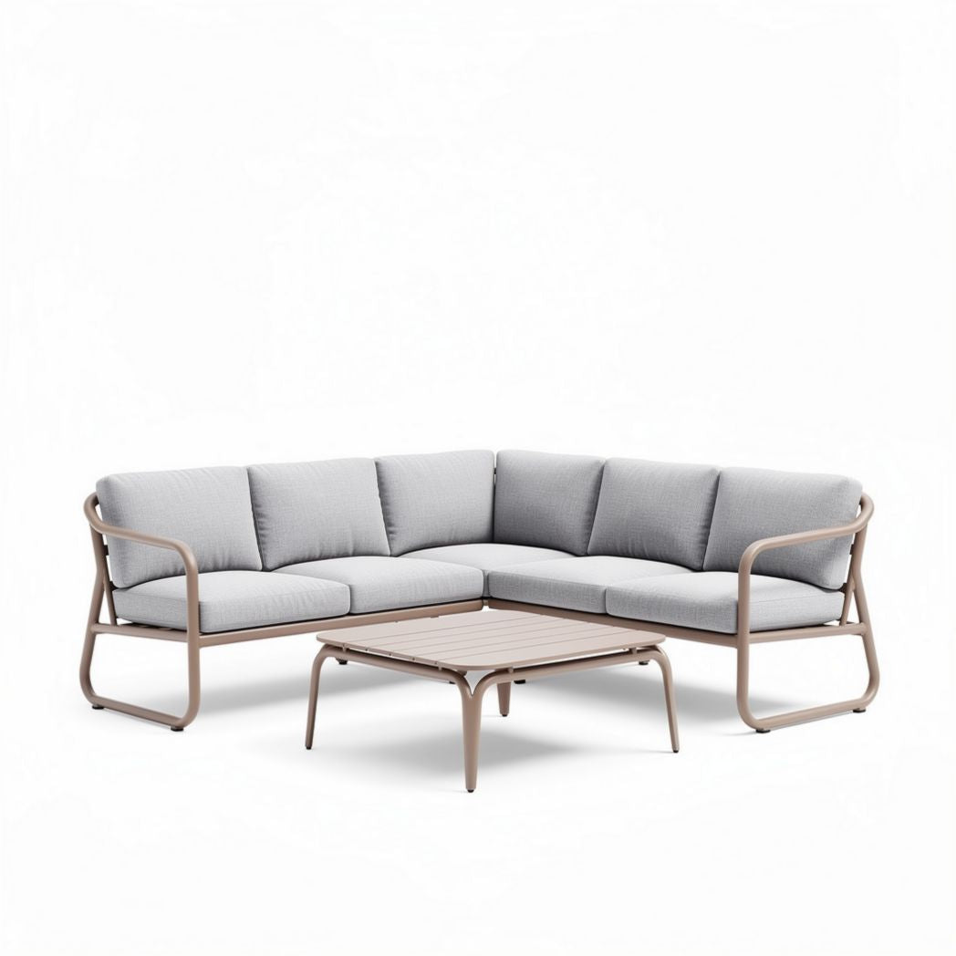 Canapé d'angle en aluminium gris avec coussins et table basse 210 x 210 x 75cm