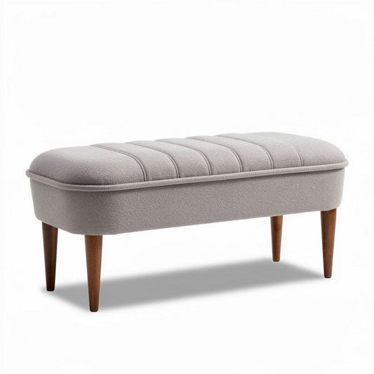 Banc rembourré en tissu beige avec pieds en bois 120 x 50 x 40cm