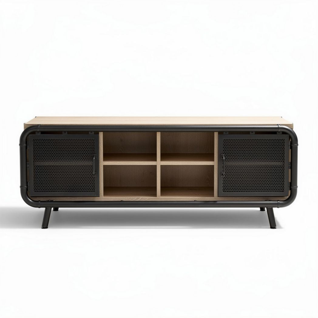 Meuble de télévision en bois et métal noir 120 x 40 x 50cm avec rangement ouvert
