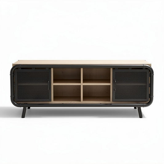 Meuble de télévision en bois et métal noir 120 x 40 x 50cm avec rangement ouvert