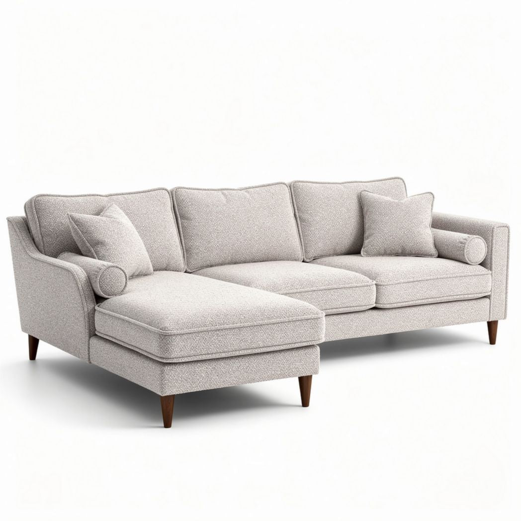 Canapé d'angle en tissu beige avec coussins inclus dimensions 220 x 90 x 85cm