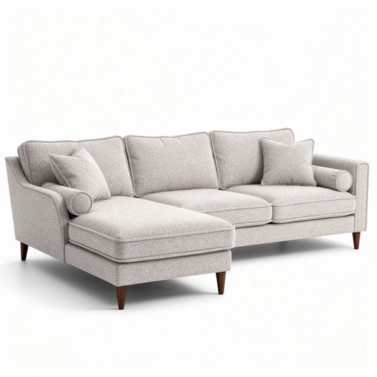 Canapé d'angle en tissu beige avec coussins inclus dimensions 220 x 90 x 85cm