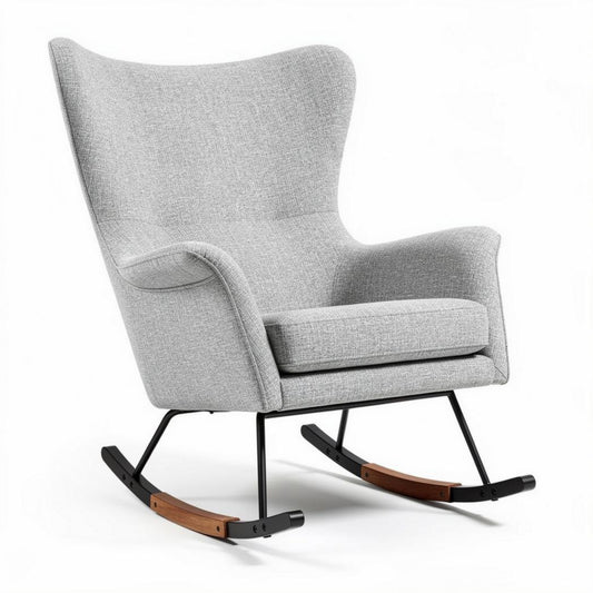 Fauteuil à bascule en tissu gris avec structure en bois et acier 85 x 75 x 100cm