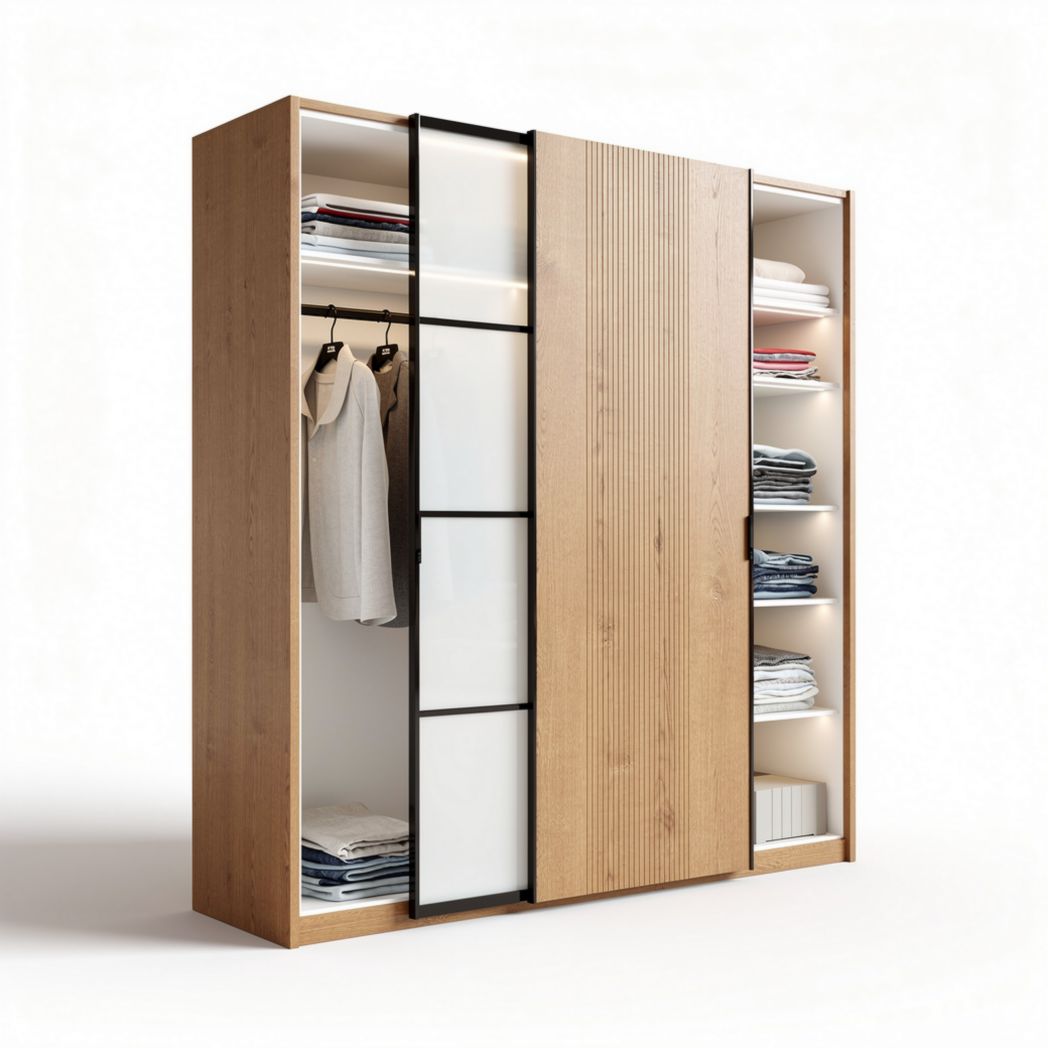 Armoire en bois avec portes coulissantes et étagères 200 x 60 x 210cm