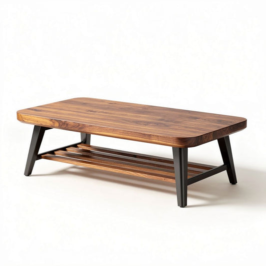 Table basse en bois massif avec étagère en métal 120 x 60 x 40cm