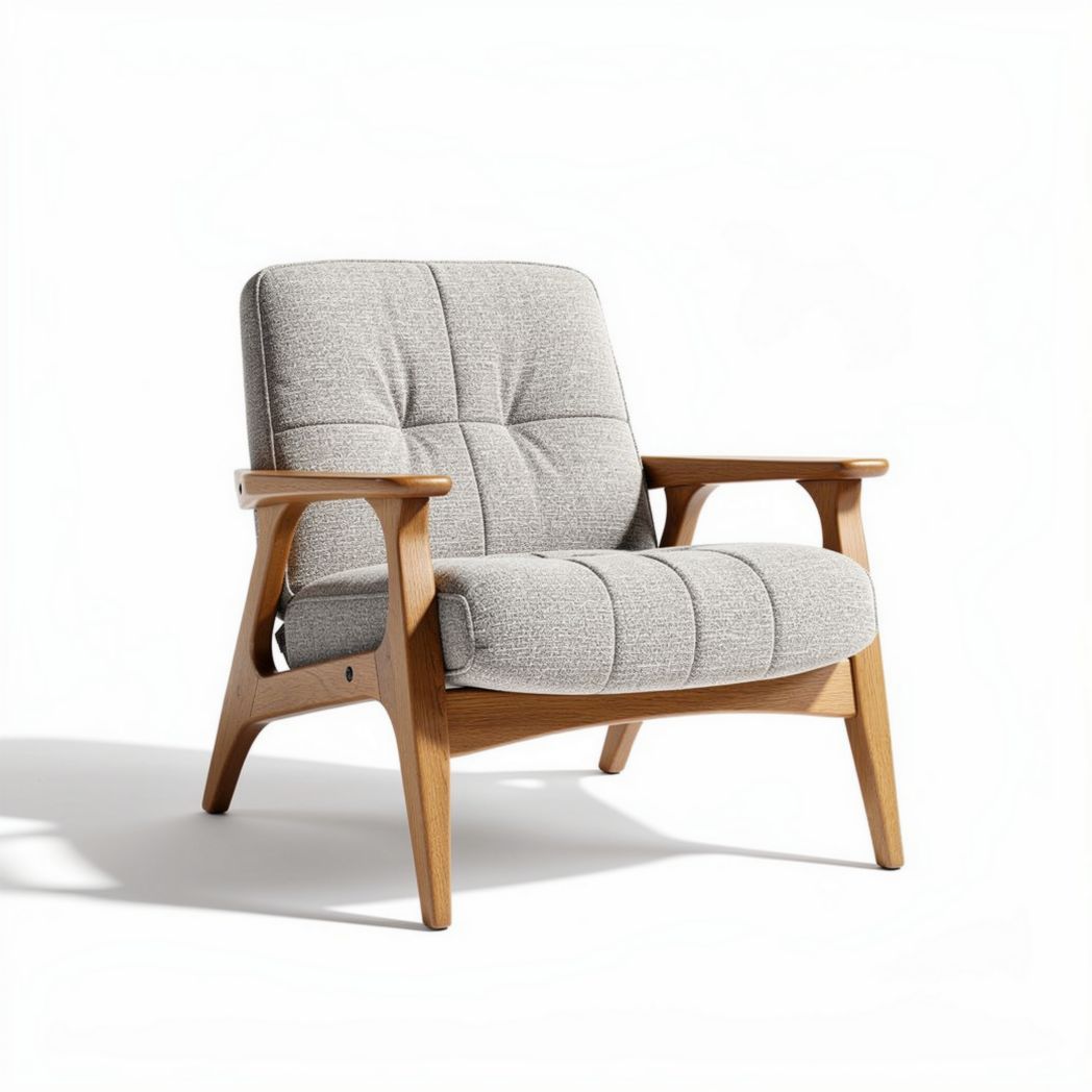 Fauteuil en bois clair avec rembourrage gris et dimensions 80 x 70 x 70cm